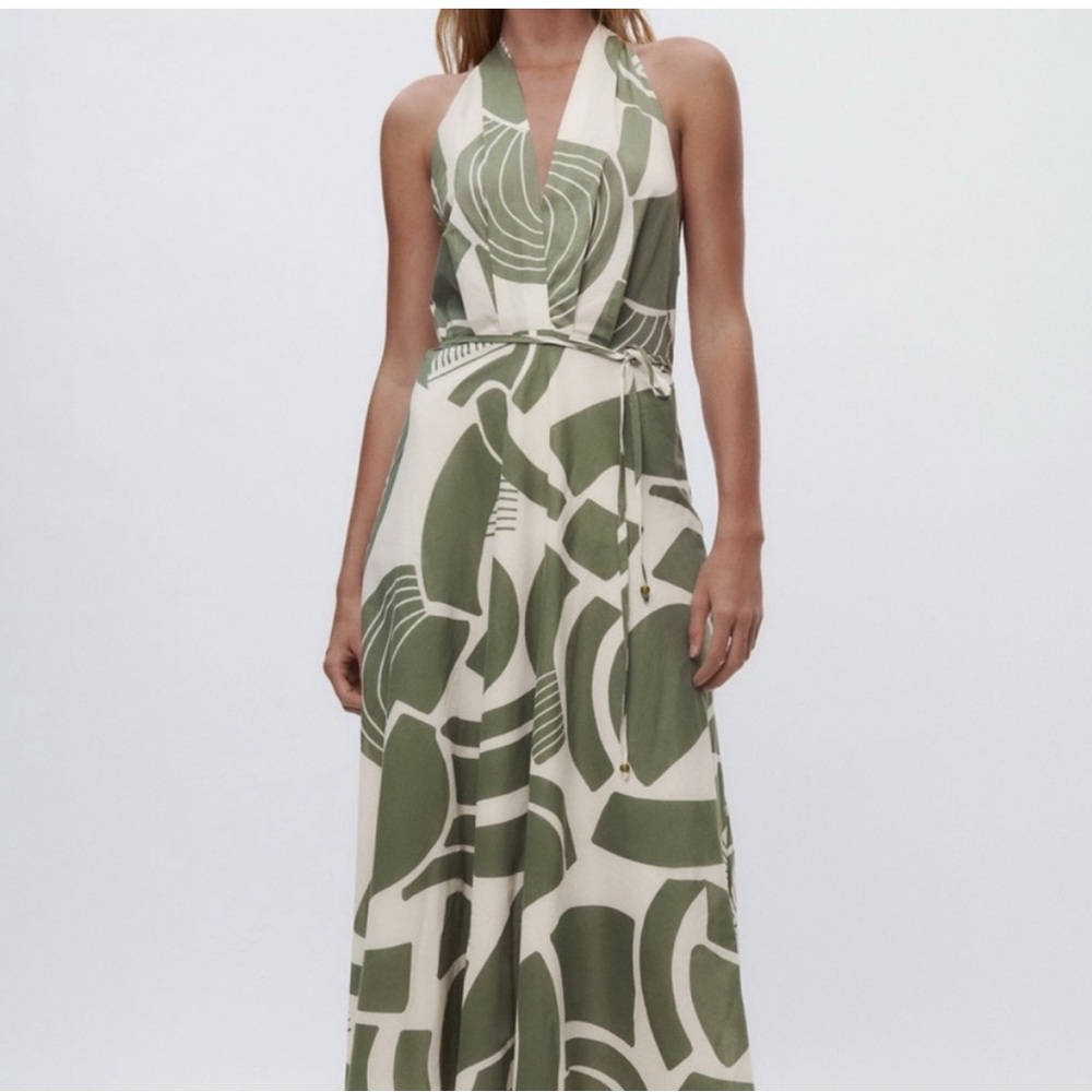 Zara Green Abstract Halter Maxi Dress - Unbranded